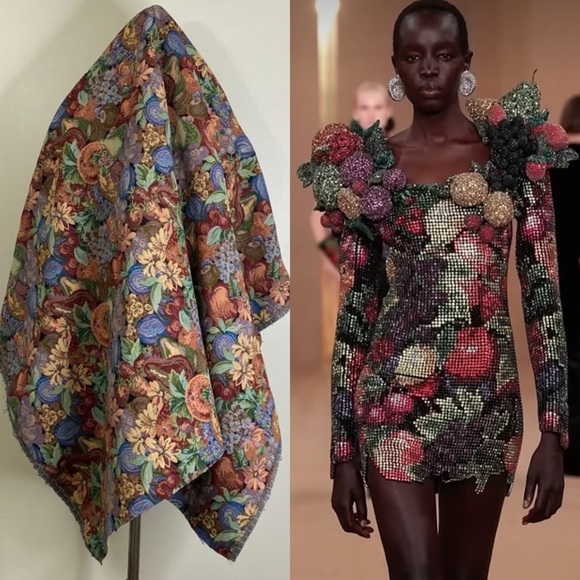 HARVEST TIME FALL THICK TAPESTRY STYLE FABRIC FLOWERS, NUTS, SQUASH, BERRIES - Picture 1 of 6